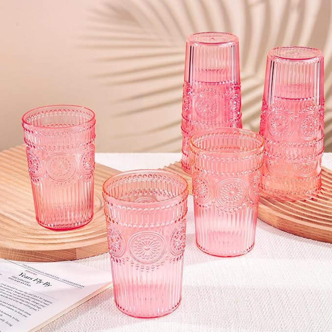 Ciaell 12 Pack Romantic Plastic Water Glasses - 14 Oz Pink Vintage Drinking - Image 6