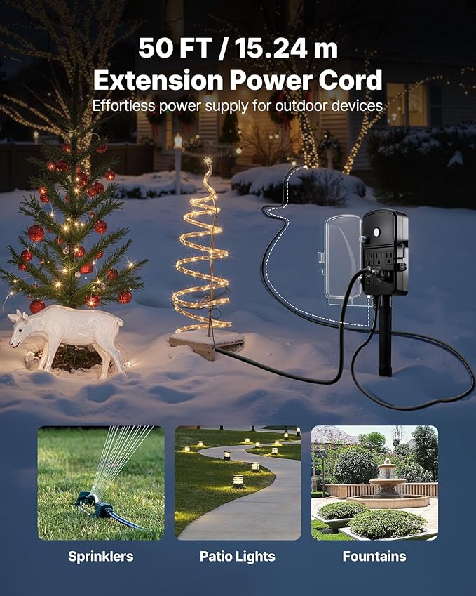 VEVOR Outdoor Power Stake Waterproof, 50 FT Extension Cord, Outdoor Power Strip - Image 3