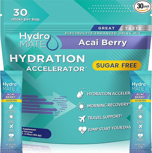 Electrolyte Powder Sugar-Free Hydration Packets Acai Berry HydroMATE 30 Sticks by HydroMATE