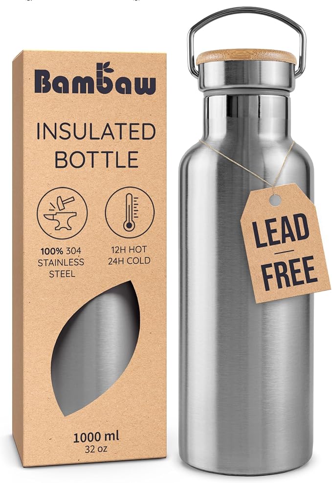 Bambaw Stainless Steel Insulated Water Bottle 32 oz, Stainless Steel Water by Bambaw
