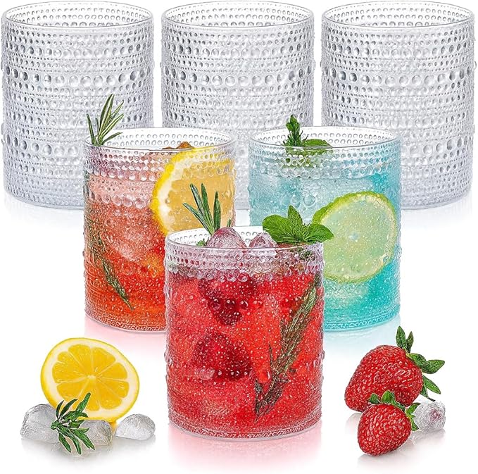 Plastic Hobnail Drinking Glasses Set of 6 Tritan Lowball Cups 14oz, by Khen