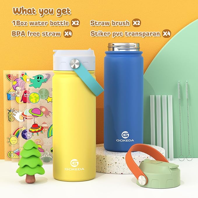 GoKEDA 18oz Kids Water Bottle, 2 Pack Insulated Bottles - Image 2