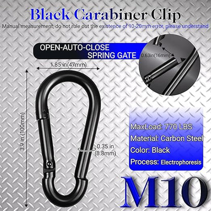 5 Pack 3.9" Heavy Duty Carabiner Clips, M10 Black Galvanized Steel Spring Snap - Image 2