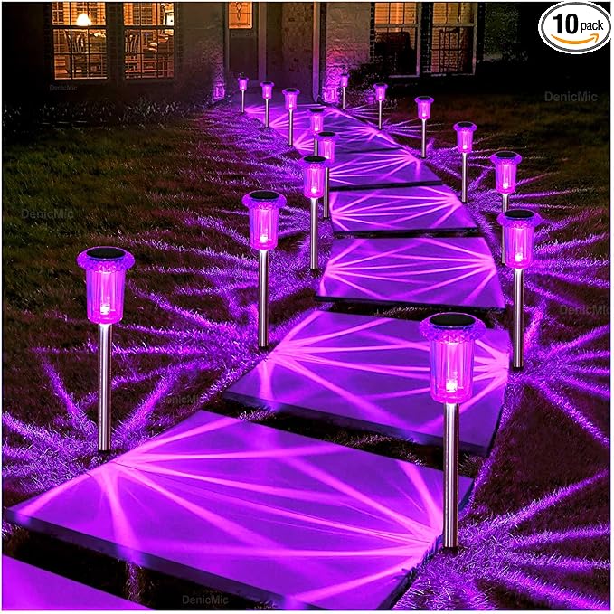 DenicMic Solar Lights Outdoor 10 Pack Waterproof Purple LED Stainless Steel by Denicmic