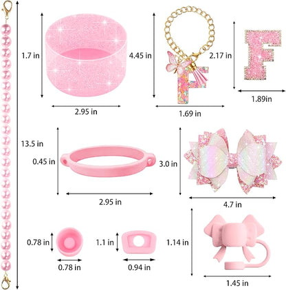 9PCS Pink for Stanley Cup Accessories Set Bling Initials Bow Charms for Stanley - Image 3