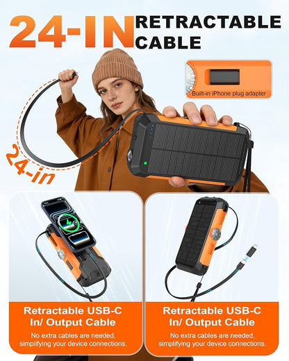 Solar Power Bank with Hand Crank and Retractable Cables, 20000mAh Wireless - Image 3