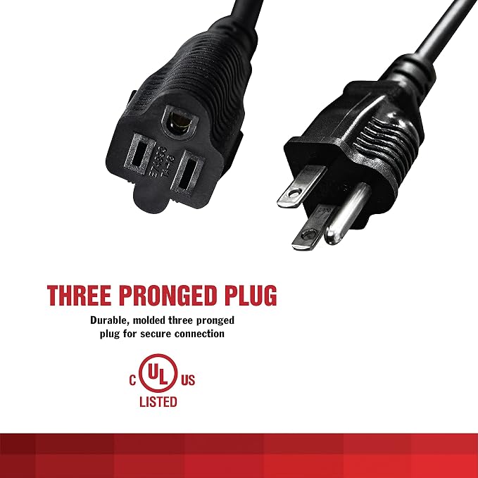 25 Ft Black Extension Cord 3 Prong, Weather-Resistant 16/3 SJTW, 1625 Watt - Image 6
