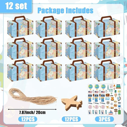 12Pcs Large Suitcase Party Favor Boxes Travel The Map Paper Treat Box - Image 2