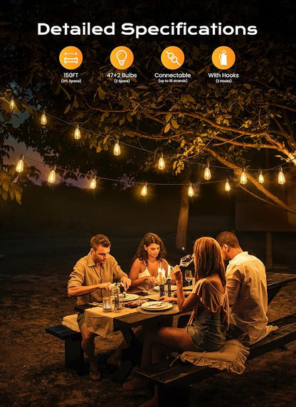 Brightown Outdoor String Lights, 150FT 47+2 LED ST38 LED Patio Lights - Image 2