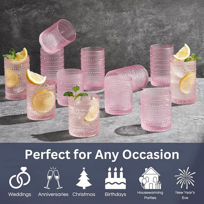 Khen Hobnail Beaded Highball Drinking Tumbler Glasses | Set of 12 | Pink Blush - Image 2