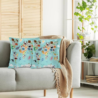 Swono World Map Throw Pillow Covers, Cartoon Forests Animal Map of The World - Image 2