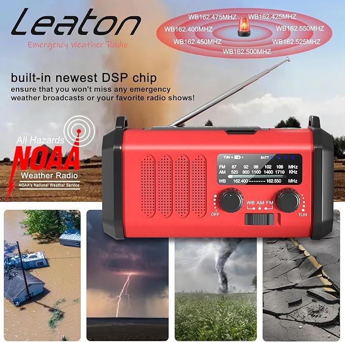 Leaton Emergency Radio NOAA Weather Radio Hand Crank & Solar Charging - Image 2