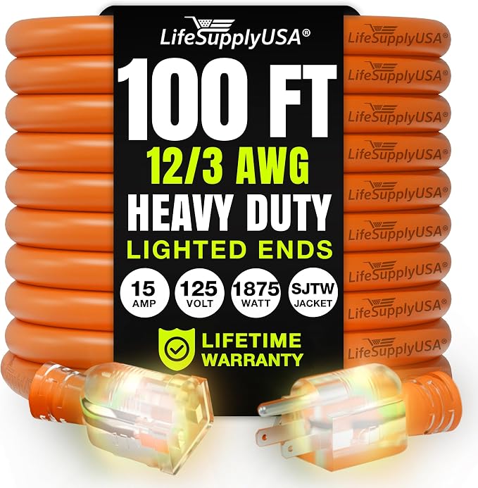 100ft Outdoor/Indoor Extension Cord 12/3 Gauge Extra Heavy Duty 3 Prong SJTW by LifeSupplyUSA