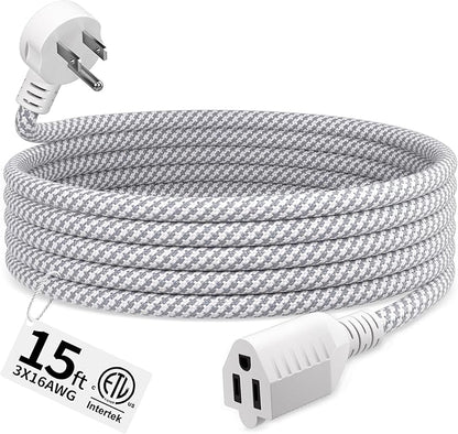 16 Gauge Braided Extension Cord 15 FT, 16/3 Flat Plug Power Cord Indoor by Seeklyze
