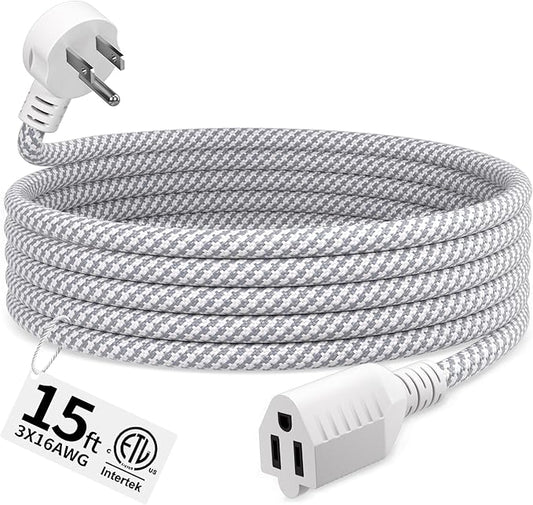 16 Gauge Braided Extension Cord 15 FT, 16/3 Flat Plug Power Cord Indoor by Seeklyze