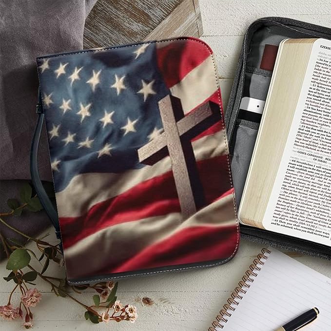Medium Bible Cover Case for Women Men American Flag and Cross PU Leather Bible - Image 5