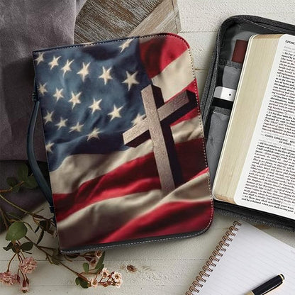 Medium Bible Cover Case for Women Men American Flag and Cross PU Leather Bible - Image 5