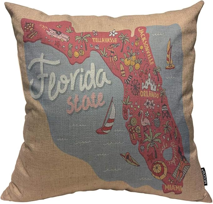 Mugod Florida Map Throw Pillow Cover Travel and Attractions Map of The State of by Mugod