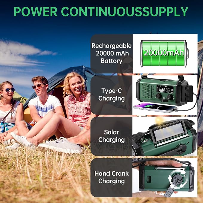 Emergency Radio Hand Crank Solar, AM/FM/NOAA Weather Radio Built-in 20000mah - Image 4