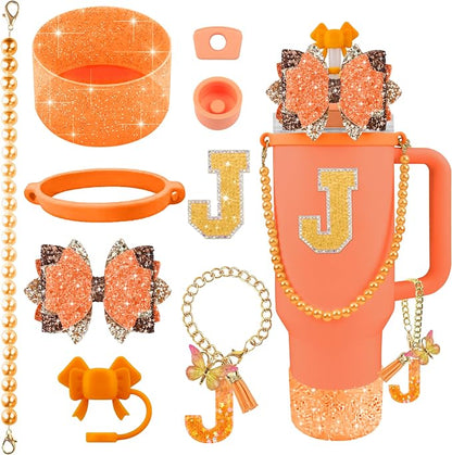 9PCS Orange for Stanley Cup Accessories Set Bling Initials Bow Charms for by Unknown