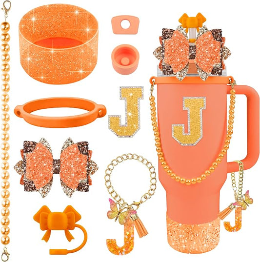 9PCS Orange for Stanley Cup Accessories Set Bling Initials Bow Charms for by Unknown