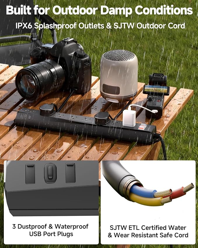 Outdoor Power Strip Weatherproof IPX6, 1625W/13A 10 Ft Extension Cord - Image 8