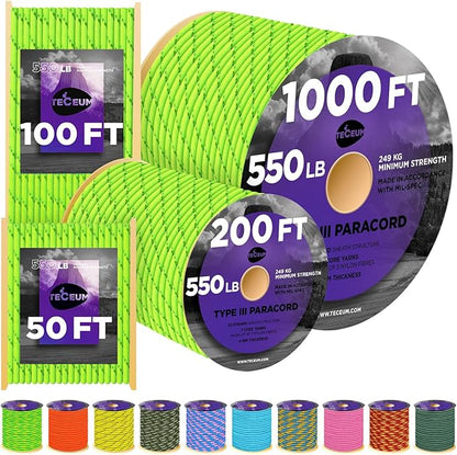 TECEUM Reflective Paracord Rope 1000 – 1000ft/200ft/100ft/50ft – 40+ Colors – by TECEUM