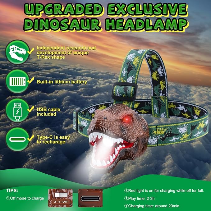 Nitigo Dinosaur Headlamp for Kids Flashlight 2 Pack, Rechargeable Led - Image 6