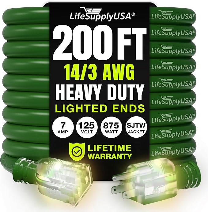 200ft Outdoor/Indoor Extension Cord 14/3 Gauge Heavy Duty 3 Prong SJTW by LifeSupplyUSA