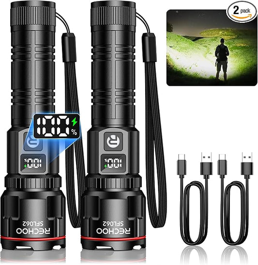 RECHOO Rechargeable Flashlights 2 Pack, Super Bright High Lumens LED Flashlight by RECHOO