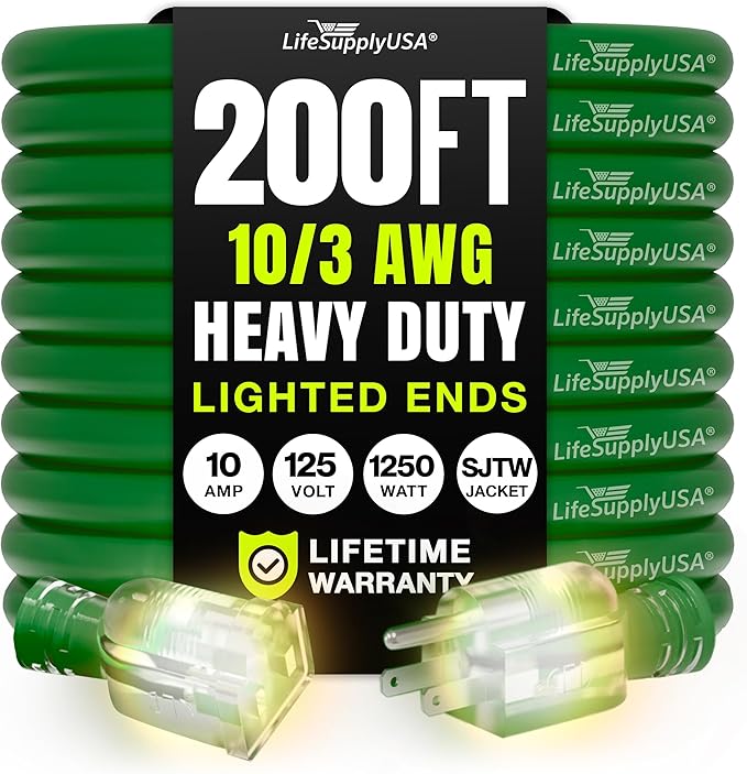 200ft Outdoor/Indoor Extension Cord 10/3 Gauge Ultra Heavy Duty 3 Prong SJTW by LifeSupplyUSA