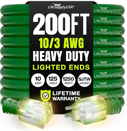 200ft Outdoor/Indoor Extension Cord 10/3 Gauge Ultra Heavy Duty 3 Prong SJTW by LifeSupplyUSA