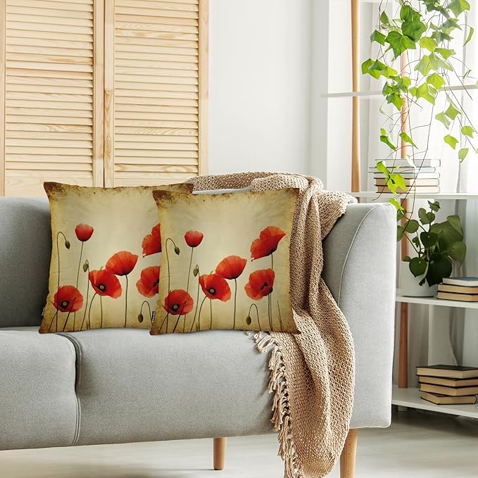 Swono Poppies Throw Pillow Cases, Grunge Poppy Flower Field Set of 2 Decorative - Image 2