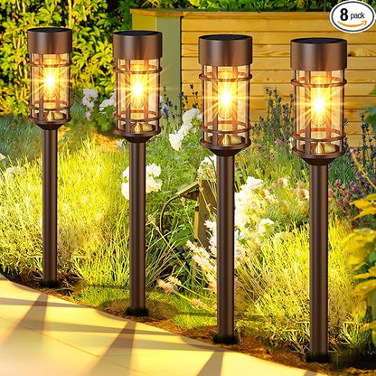 ILANCK Solar Pathway Lights Outdoor Solar Lights 8 Pack Metal & Glass Design by ILANCK