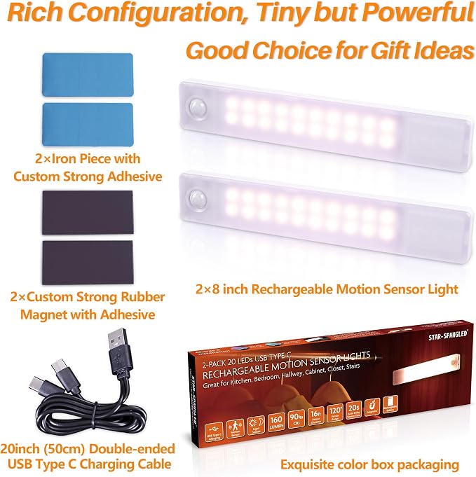 STAR-SPANGLED Under Cabinet Lighting Rechargeable, 8 inch Motion Sensor Lights - Image 4