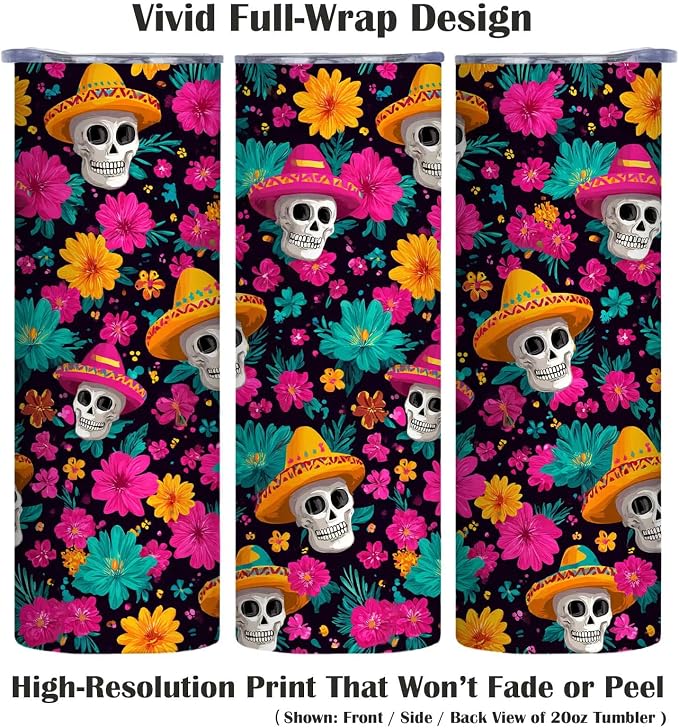 Firmiso 20 oz Tumbler｜Skinny Insulated Travel Mug｜Sombrero Skull Floral - Image 2