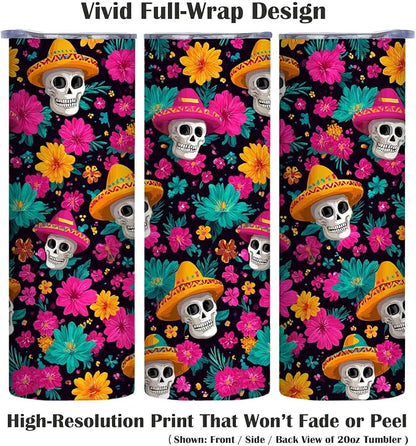 Firmiso 20 oz Tumbler｜Skinny Insulated Travel Mug｜Sombrero Skull Floral - Image 2