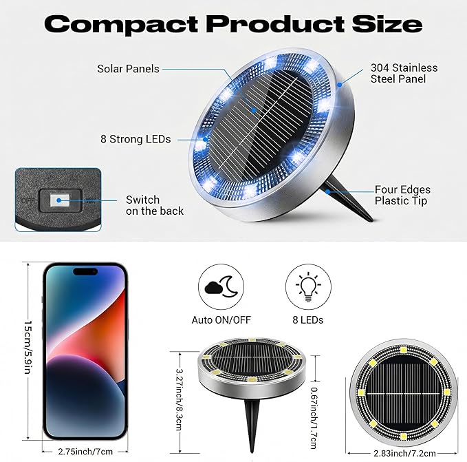 Peasur Mini Solar Ground Lights Outdoor, 4 Pack Flat Solar Powered Disc Lights - Image 5