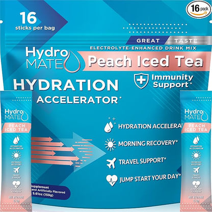 HydroMATE Electrolyte Powder Peach Tea Hydration Packets Low Sugar 16 Count by HydroMATE