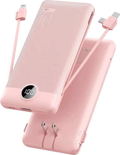 VRURC Portable Charger Built-in Cables and AC Wall Plug, USB C Power Bank by Home