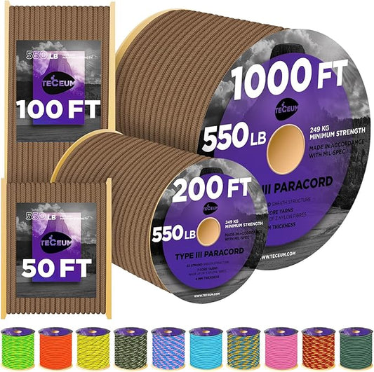 TECEUM Reflective Paracord Rope 1000 – 1000ft/200ft/100ft/50ft – 40+ Colors – by TECEUM