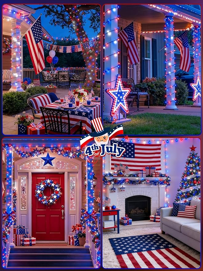 2 Pack 200 LED Red White and Blue Solar String Lights Outdoor Waterproof - Image 7