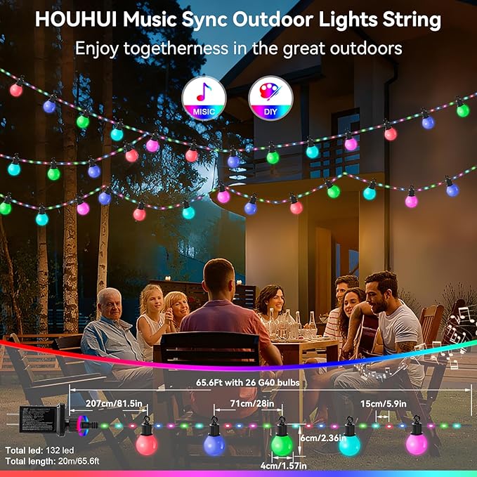 Smart Outdoor String Lights 65.6Ft, RGB IC Color Changing LED Patio Light IP67 - Image 3