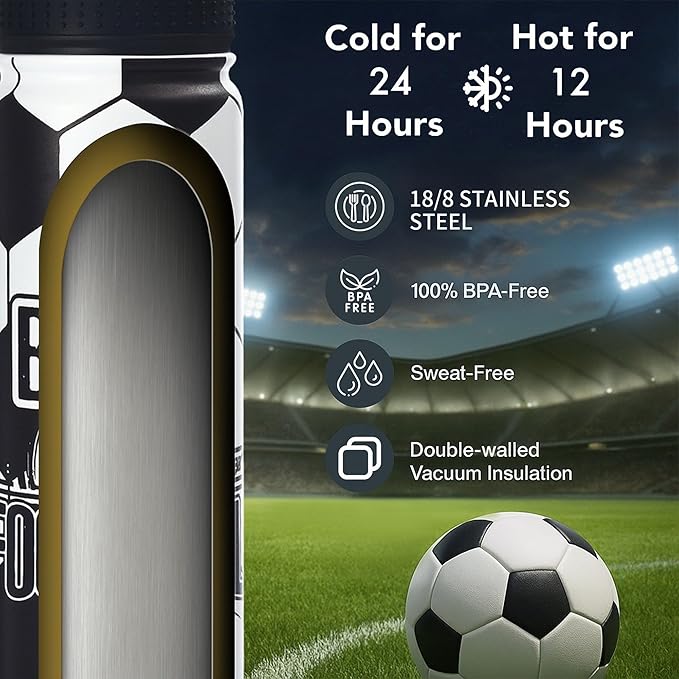 Soccer Water Bottle, 24 oz Insulated Stainless Steel Sports Bottle - Image 6
