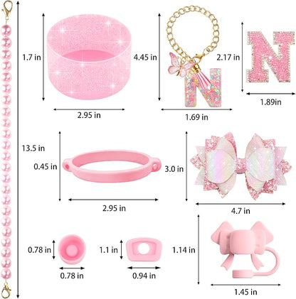 9PCS Pink for Stanley Cup Accessories Set Bling Initials Bow Charms for Stanley - Image 3