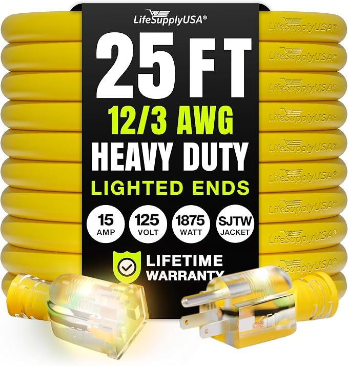 25ft Outdoor/Indoor Extension Cord 12/3 Gauge Extra Heavy Duty 3 Prong SJTW by LifeSupplyUSA