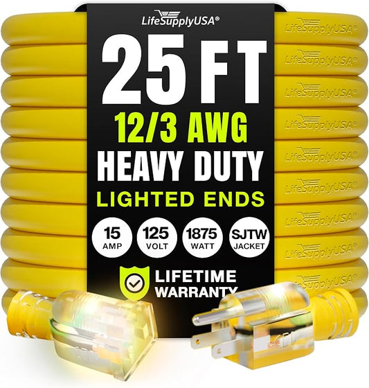 25ft Outdoor/Indoor Extension Cord 12/3 Gauge Extra Heavy Duty 3 Prong SJTW by LifeSupplyUSA