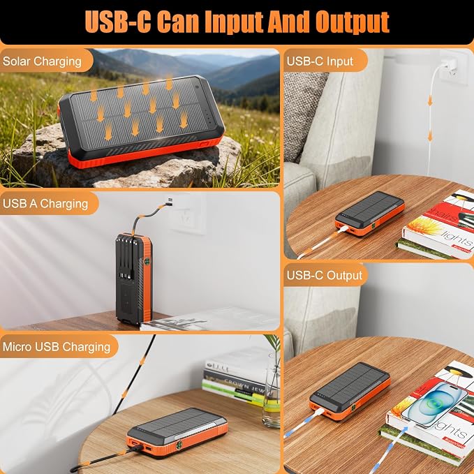 Solar Power Bank 33800mAh with Super Bright LED Flashlight, Built-in 4 Cables & - Image 3