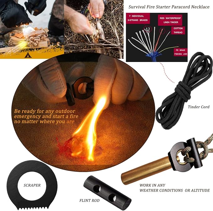 BSGB Fire Starter Paracord Necklace EDC Military Survival Gear Tinder Cord Fire - Image 4