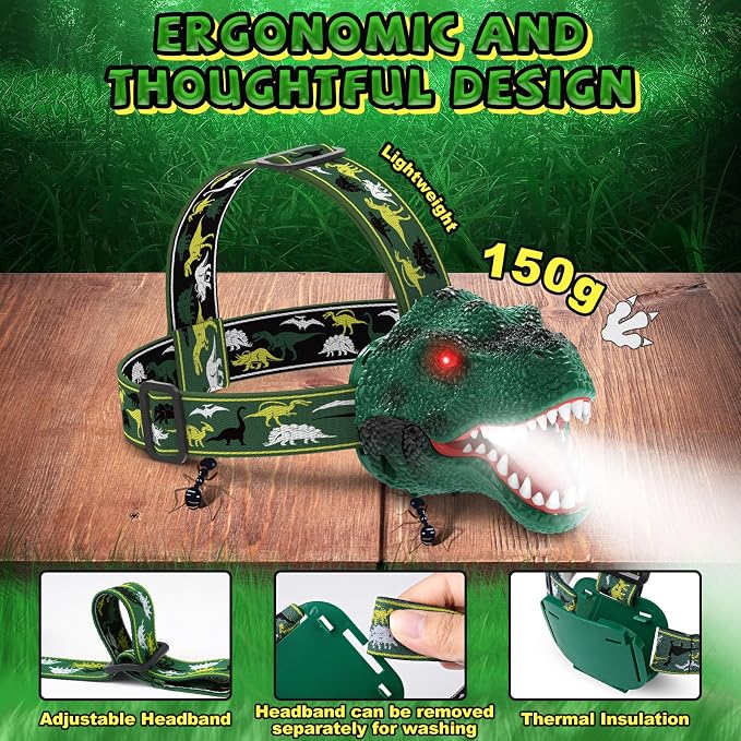 Nitigo Dinosaur Headlamp for Kids Flashlight Rechargeable Led Dino Head Lamp - Image 9